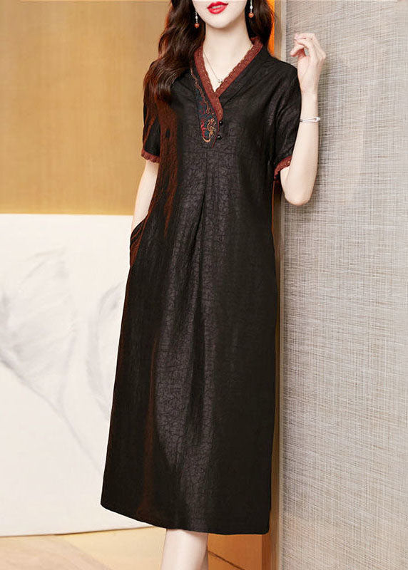 Boutique Black V Neck Embroideried Patchwork Silk Dresses Summer