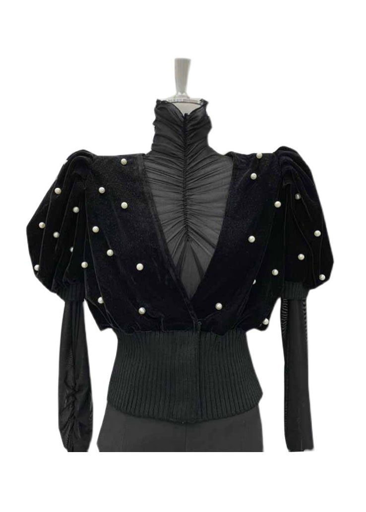 Boutique Black V Neck Nail Bead Patchwork Velour Tops Fall