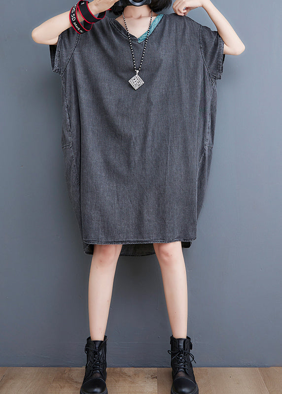 Boutique Black V Neck Patchwork low high design Denim Dresses Short Sleeve