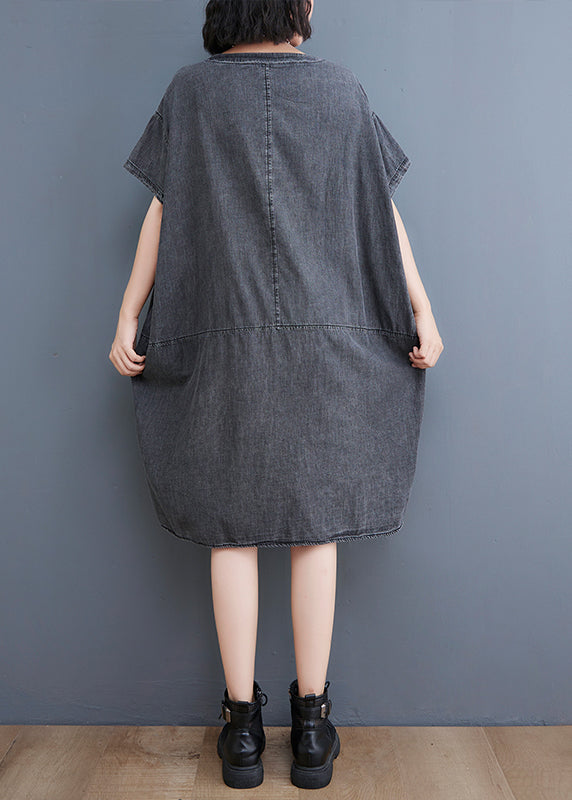 Boutique Black V Neck Patchwork low high design Denim Dresses Short Sleeve