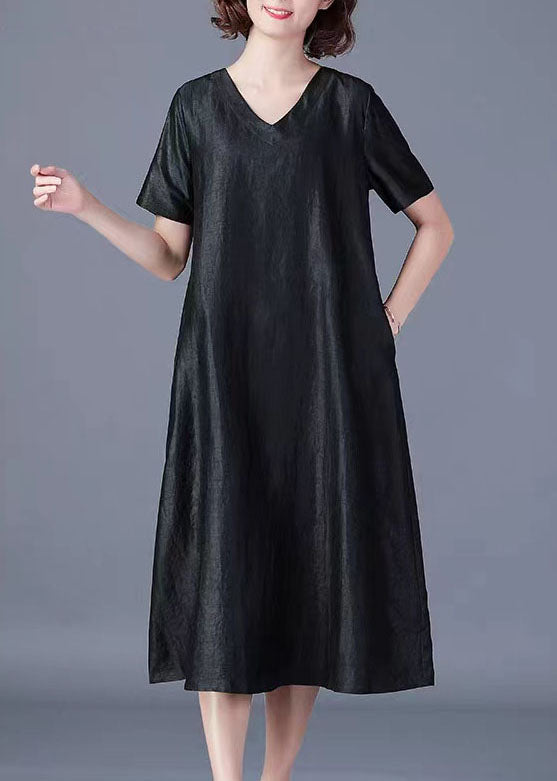 Boutique Black V Neck Pockets Patchwork Loose Silk Dress Summer