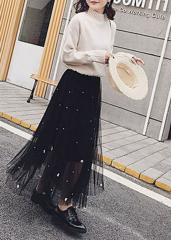 Boutique Black Wrinkled Nail bead Patchwork Tulle Skirts Summer