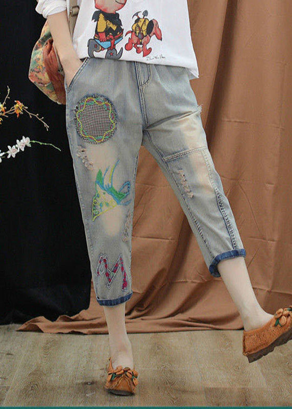 Boutique Blue Embroideried Patchwork Elastic Waist Crop Jeans