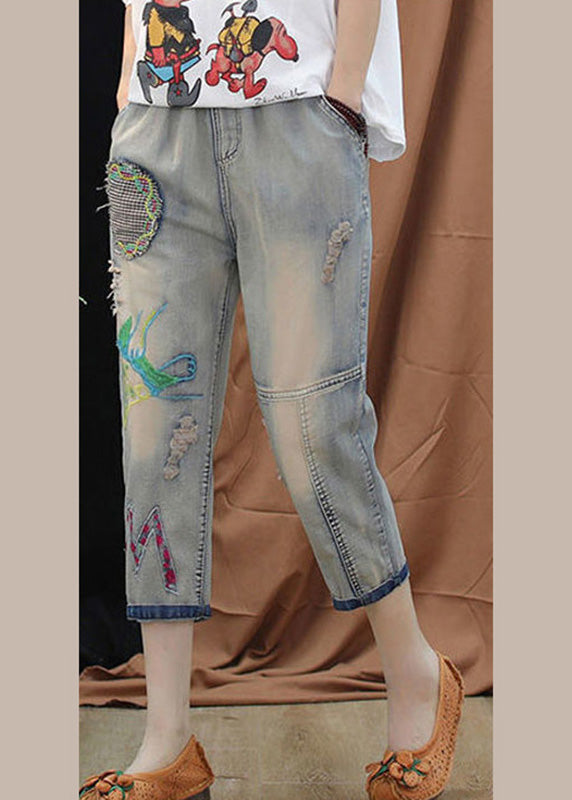 Boutique Blue Embroideried Patchwork Elastic Waist Crop Jeans