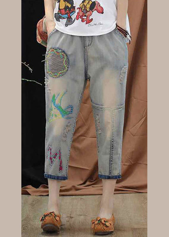 Boutique Blue Embroideried Patchwork Elastic Waist Crop Jeans