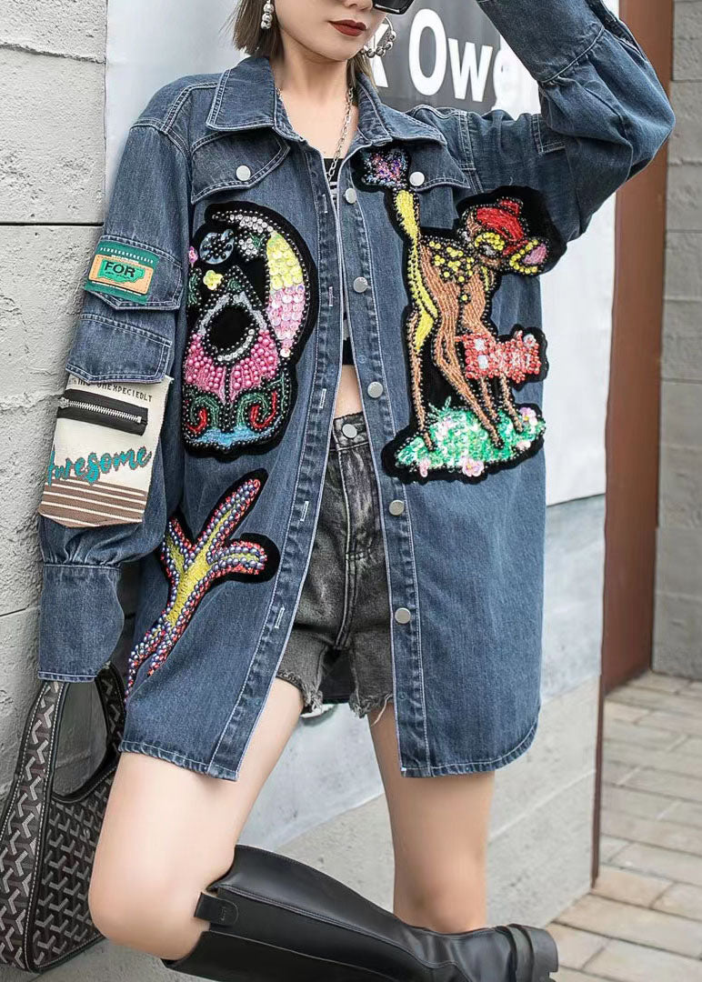Boutique Blue Embroideried Zircon Nail Bead Patchwork Denim Coat Spring