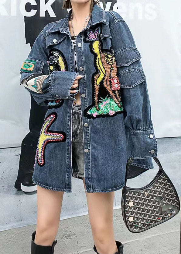 Boutique Blue Embroideried Zircon Nail Bead Patchwork Denim Coat Spring