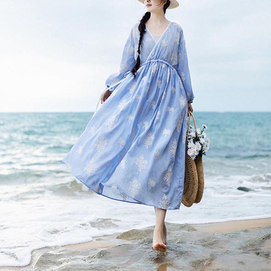 Boutique Blue Embroideried tie waist Long Summer Cotton Dress - Omychic