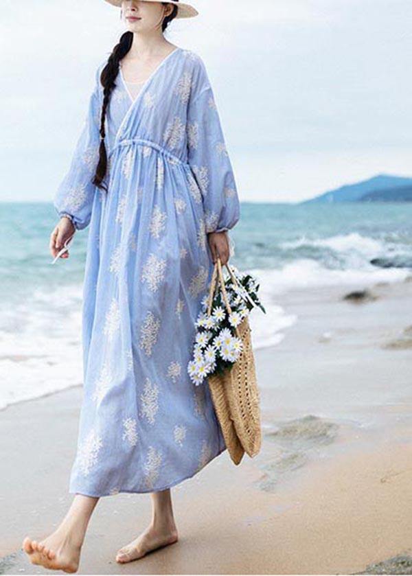 Boutique Blue Embroideried tie waist Long Summer Cotton Dress - Omychic