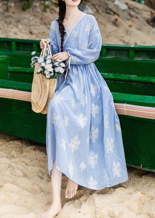 Boutique Blue Embroideried tie waist Long Summer Cotton Dress - Omychic