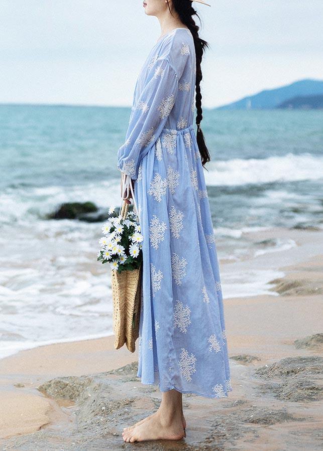 Boutique Blue Embroideried tie waist Long Summer Cotton Dress - Omychic