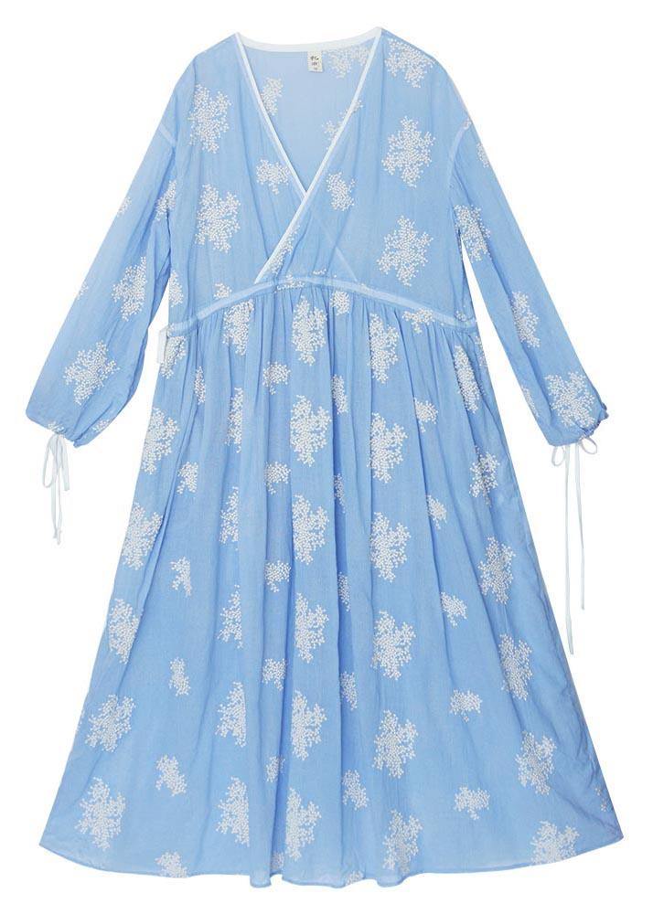 Boutique Blue Embroideried tie waist Long Summer Cotton Dress - Omychic
