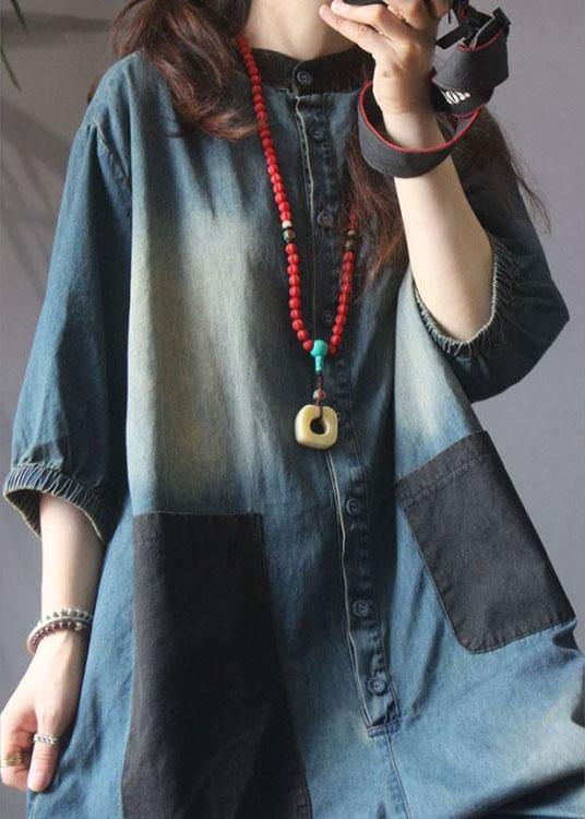 Boutique Blue Loose Button Pockets Fall Half Sleeve Denim Top - Omychic