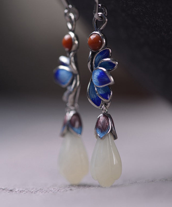 Boutique Blue Lotus Floral Silver Jade Drop Earrings