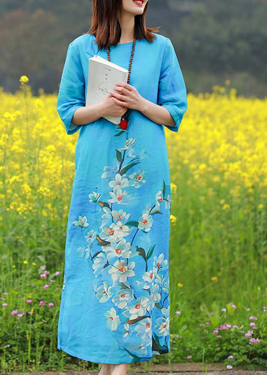 Boutique Blue O-Neck side open Floral Print Linen Long Dresses Half Sleeve