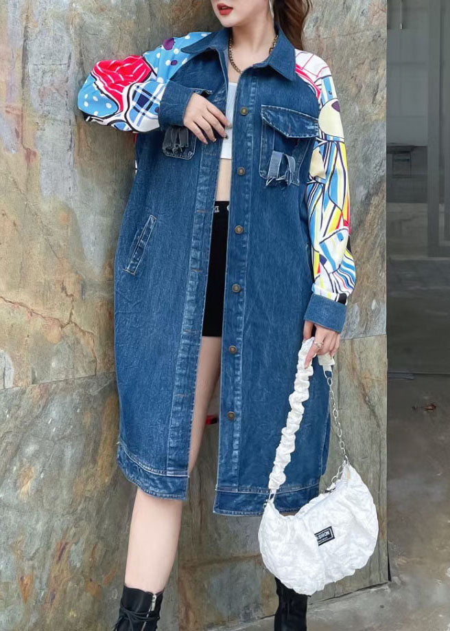 Boutique Blue Peter Pan Collar Pockets Print Patchwork Long Denim Coat Spring