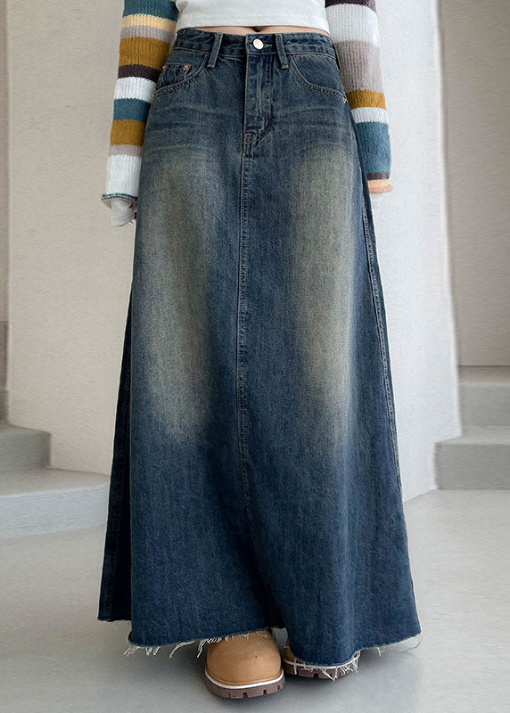 Boutique Blue Pockets Patchwork Denim Maxi Skirts Fall