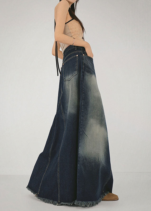 Boutique Blue Pockets Patchwork High Waist Denim Maxi Skirt Summer