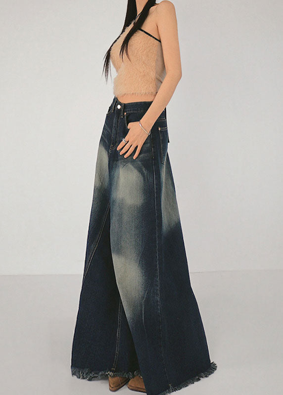 Boutique Blue Pockets Patchwork High Waist Denim Maxi Skirt Summer