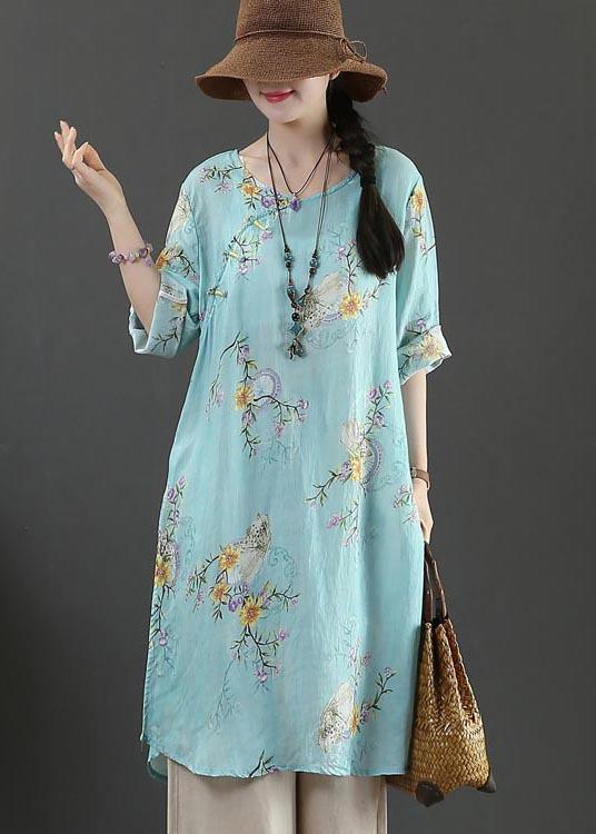 Boutique Blue Print Half Sleeve Long Linen Summer Tops - Omychic