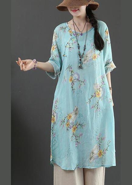 Boutique Blue Print Half Sleeve Long Linen Summer Tops - Omychic