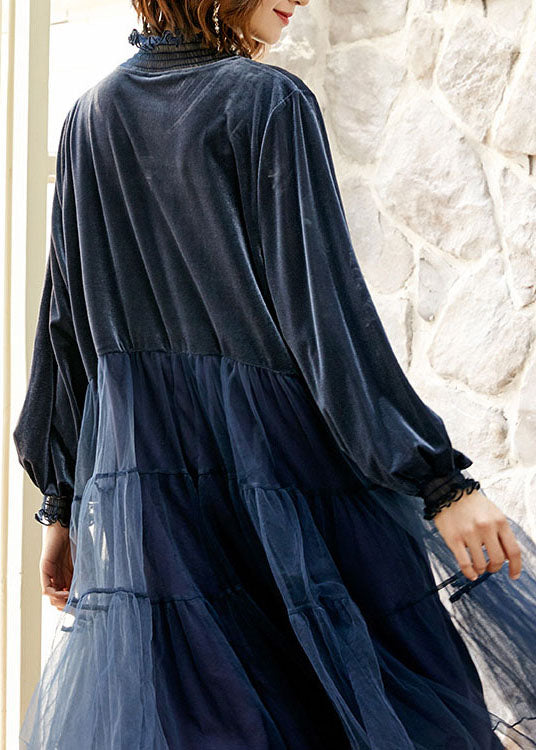 Boutique Blue Ruffled Tulle Patchwork Silk Velour Dress Spring