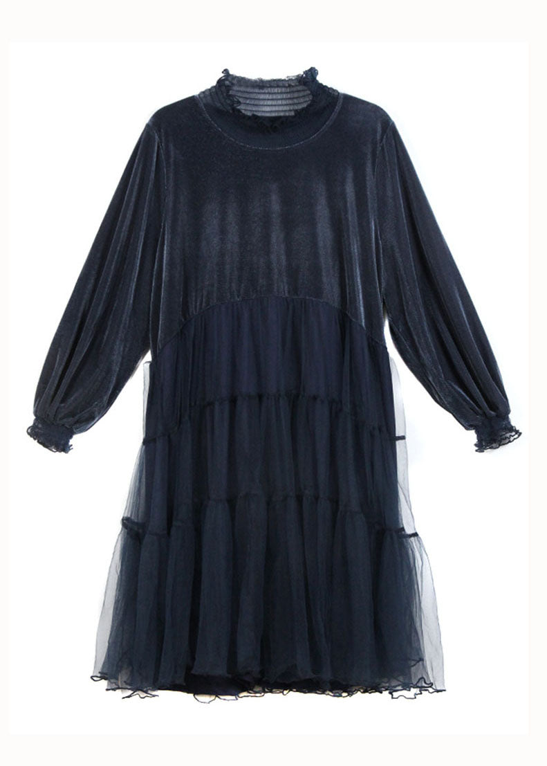 Boutique Blue Ruffled Tulle Patchwork Silk Velour Dress Spring