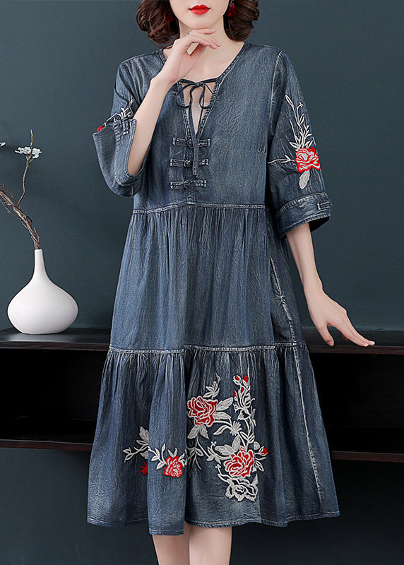Boutique Blue V Neck Embroideried Cotton Holiday Denim Dress Half Sleeve