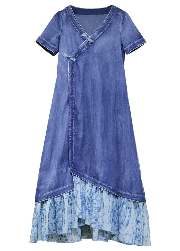 Boutique Blue V Neck Patchwork Cotton Denim Dress Short Sleeve