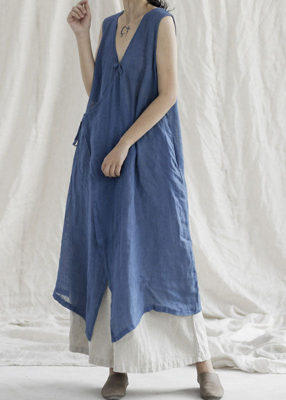 Boutique Blue V Neck Pockets Linen Dresses Sleeveless