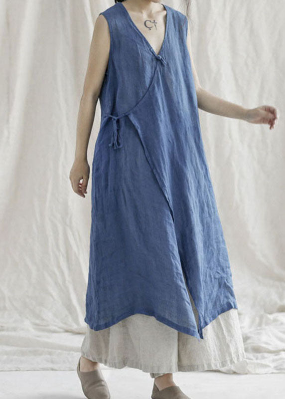 Boutique Blue V Neck Pockets Linen Dresses Sleeveless