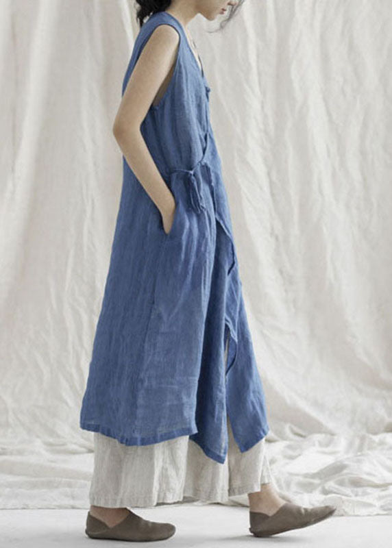 Boutique Blue V Neck Pockets Linen Dresses Sleeveless