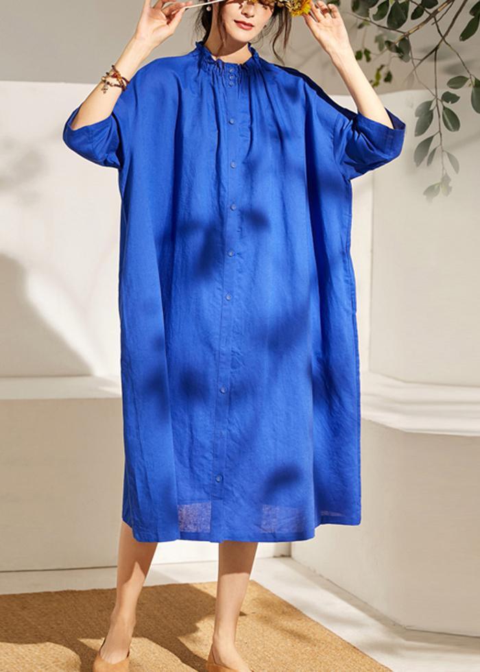 Boutique Blue Wrinkled Summer Linen Summer Dress Half Sleeve - Omychic