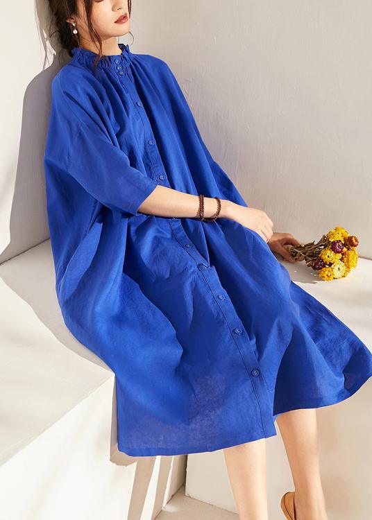 Boutique Blue Wrinkled Summer Linen Summer Dress Half Sleeve - Omychic