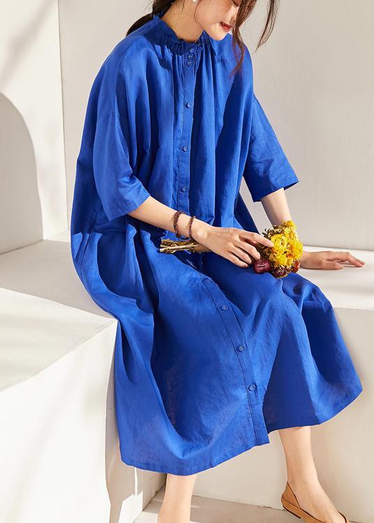 Boutique Blue Wrinkled Summer Linen Summer Dress Half Sleeve - Omychic