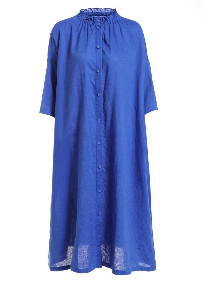 Boutique Blue Wrinkled Summer Linen Summer Dress Half Sleeve - Omychic