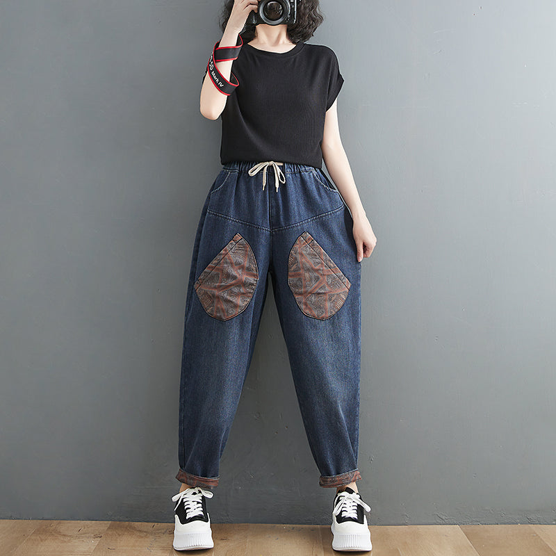 Boutique Blue elastic waist drawstring Pockets Patchwork Denim Pants Spring