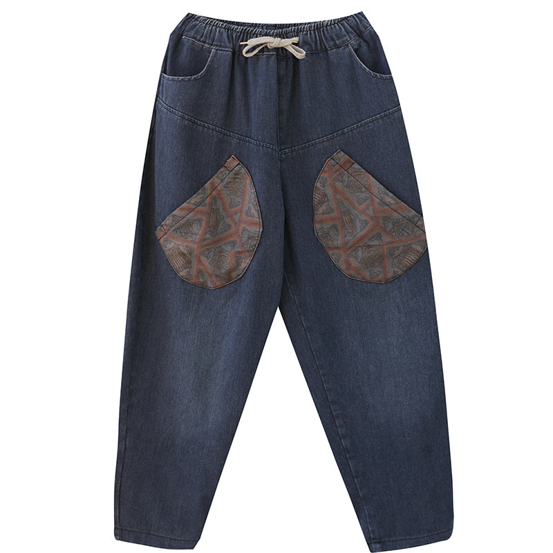 Boutique Blue elastic waist drawstring Pockets Patchwork Denim Pants Spring