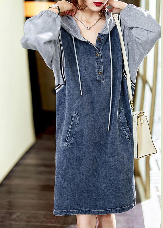 Boutique Blue hooded Pockets Button Patchwork Fall Long sleeve Denim Mid Dress - Omychic