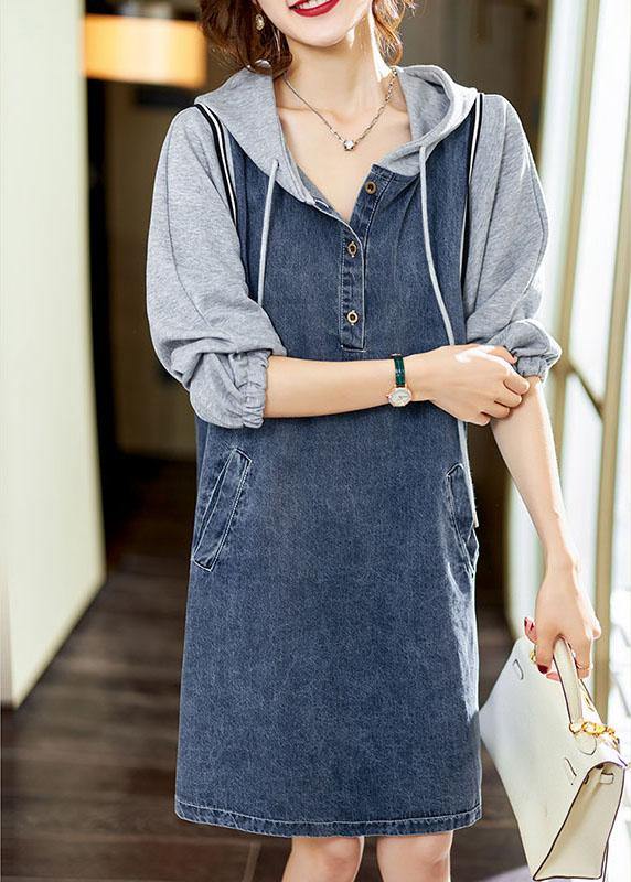 Boutique Blue hooded Pockets Button Patchwork Fall Long sleeve Denim Mid Dress - Omychic
