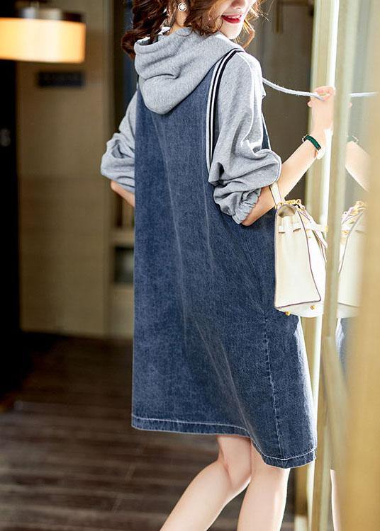 Boutique Blue hooded Pockets Button Patchwork Fall Long sleeve Denim Mid Dress - Omychic