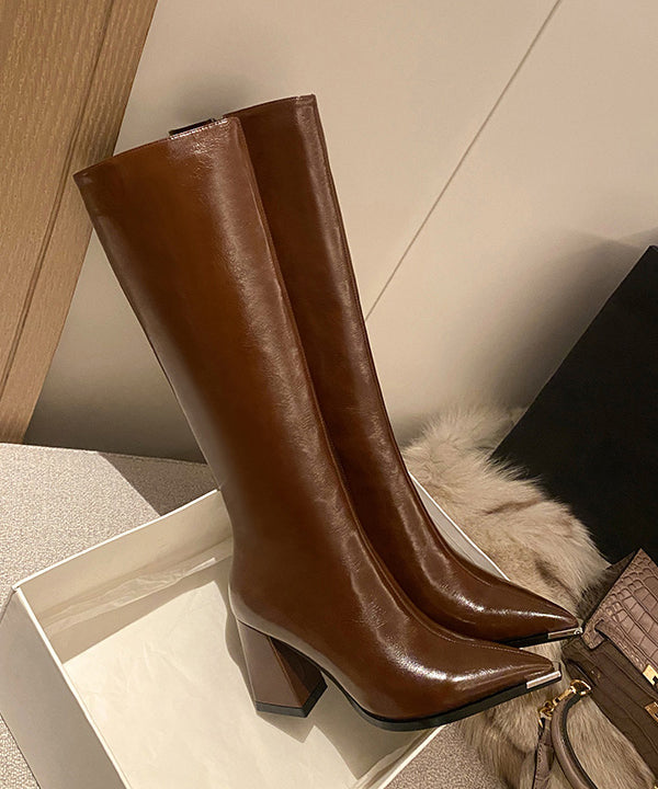 Boutique Brown Chunky Heel Cowhide Leather Long Boots