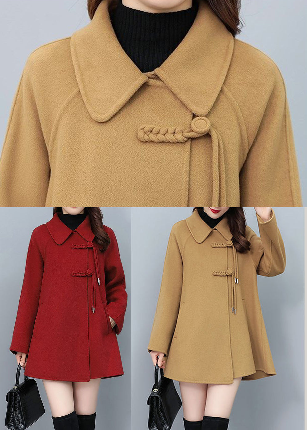 Boutique Camel Tasseled Chinese Button Woolen Coat Winter