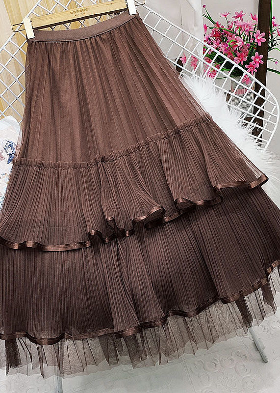 Boutique Chocolate Elastic Waist Ruffled Patchwork Wrinkled Tulle Skirts Spring
