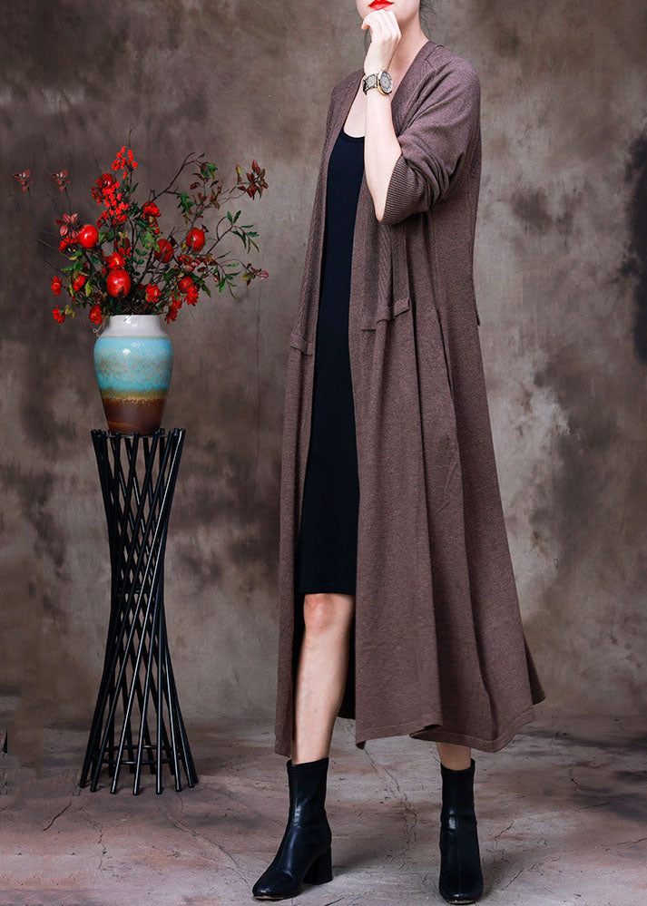 Boutique Coffee Solid Patchwork Wool Knit Cardigans Long Sleeve