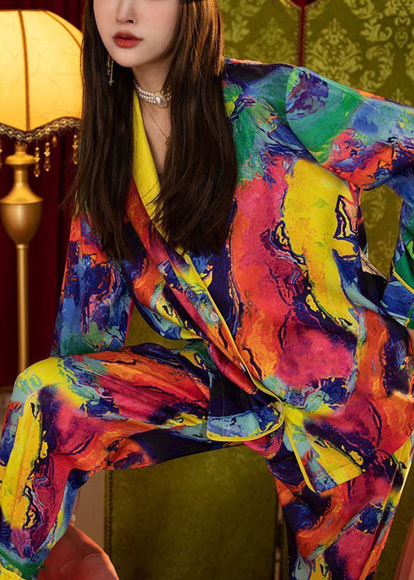 Boutique Colorblock Oversized Tie Dye Ice Silk Pajamas Women Sets 2 Pieces Spring