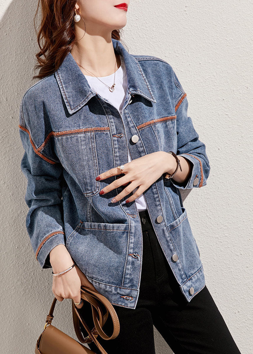 Boutique Denim Blue Peter Pan Collar Patchwork Pockets Cotton Jacket Spring