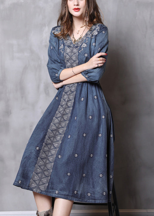 Boutique Denim Blue V Neck Embroideried Elastic Waist Cotton Dresses Bracelet Sleeve