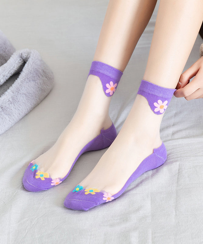 Boutique Floral Jacquard Cotton Ice Silk Crystal Crew Socks