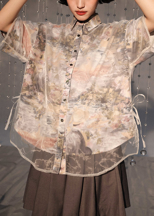 Boutique Floral Peter Pan Collar Lace Up Patchwork Organza Shirt Summer